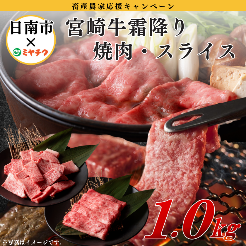 【日南市産】宮崎牛霜降り(ロース・肩ロース)焼肉・スライスセット計1.0kg【11/4-10】【日南市畜産農家応援】