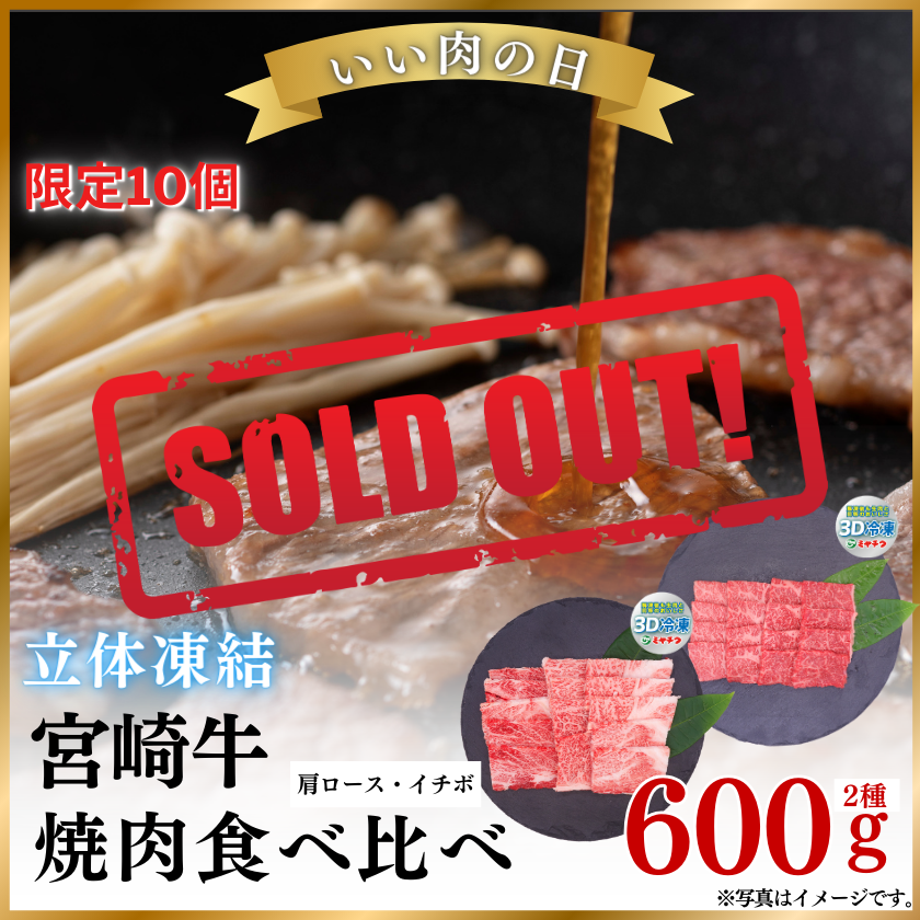 立体凍結宮崎牛肩ロース・イチボ焼肉食べ比べ計600g【いい肉の日